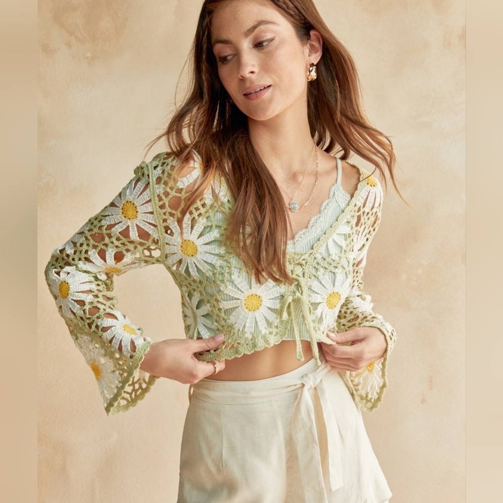 Francesca's Sage Green Lucy Daisy Crochet Pullover